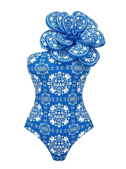 3d Flower One Shoulder Printed One Piece Swimsuit and Skirt