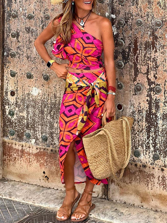 One Shoulder Geometric Printed Tops and Skirts