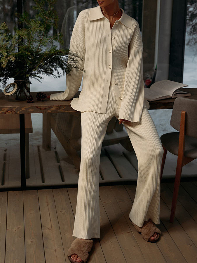 Knitted Buttoned Sweater and Pants Two Pieces Sets