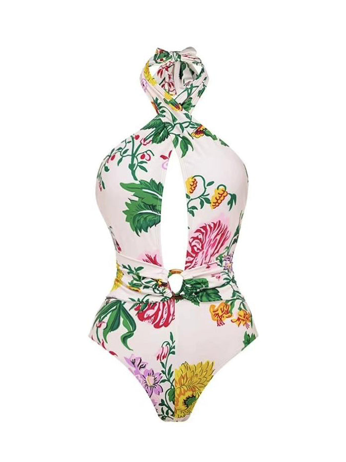 Printed Off Shoulder Color Block One Piece Swimsuit and Skirt