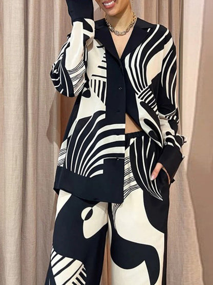 Long Sleeves Printed Blouse and Pants Sets