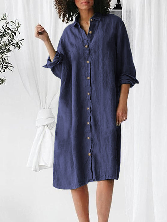 Long Sleeves Buttoned Cotton-linen Midi Dress
