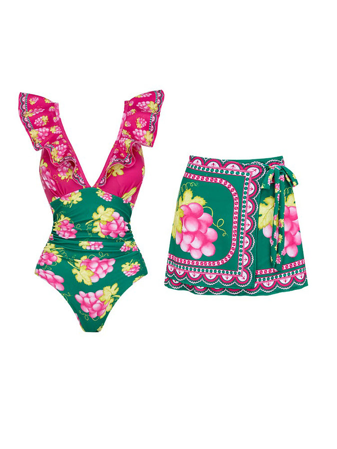 Ruffled Deep V Retro Green Grapes Print One Piece Swimsuit and Skirt