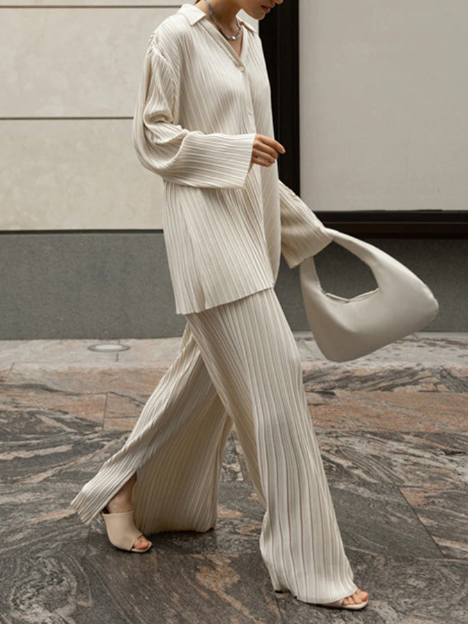 Beige Long Sleeves Shirt and Pants Sets