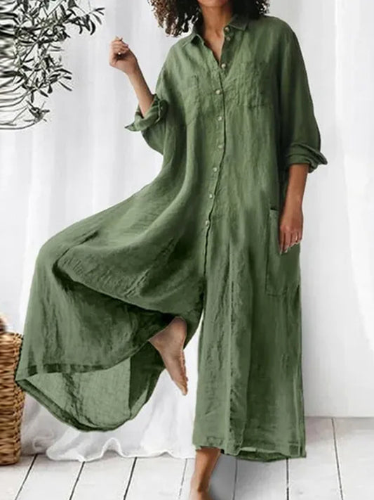 Long Sleeves Wide-leg Pants Shirt Collar Jumpsuit