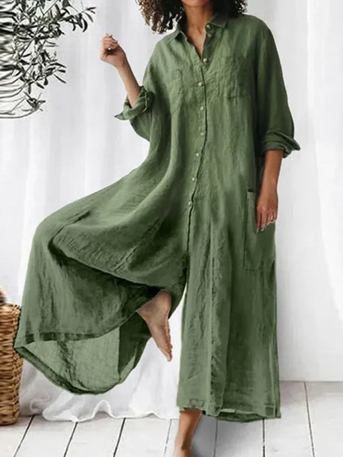 Long Sleeves Wide-leg Pants Shirt Collar Jumpsuit