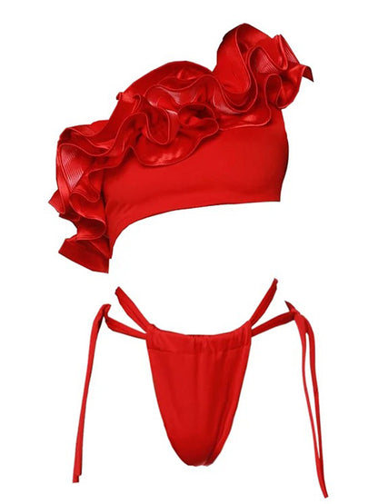 Red Flower Frilled One Shoulder Bikini Swimsuit and Skirt