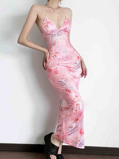Backless Halter Printed Slim Maxi Dress
