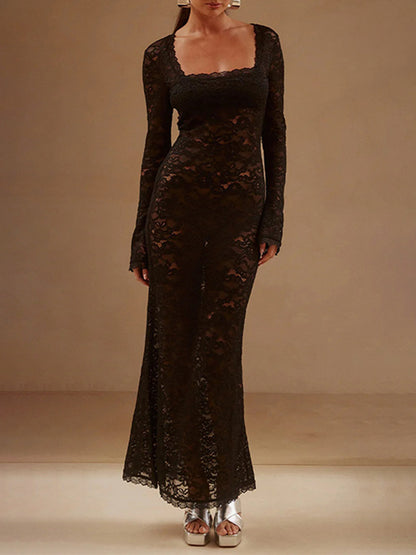 Lace Long Sleeves Square Neck Slim Maxi Dress