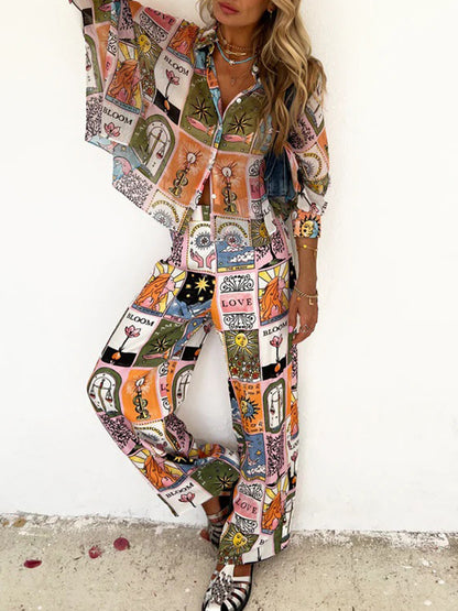 Printed Batwing Sleeves Shirt and Pants Sets