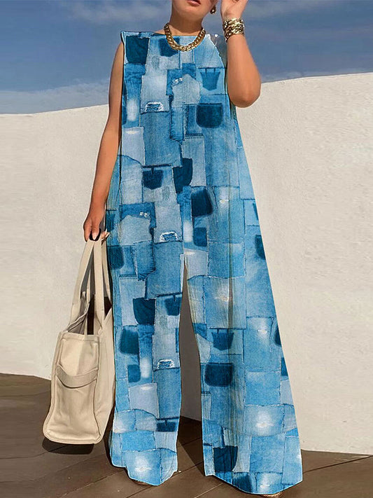 Print Patchwork O-neck Jumpsuit