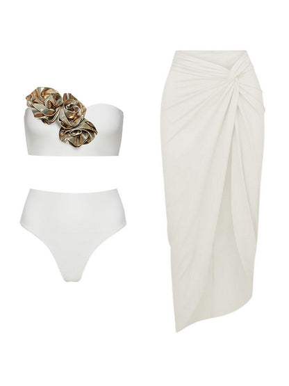 Golden 3d Flower Black or White Bikini Swimsuit and Skirt