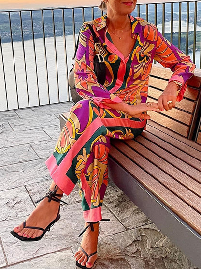 Printed Long Sleeves Blouses and Pants Sets