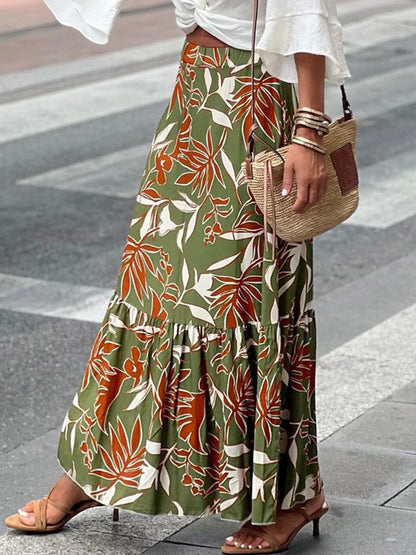 Green Printed Elastic Waist Skirt