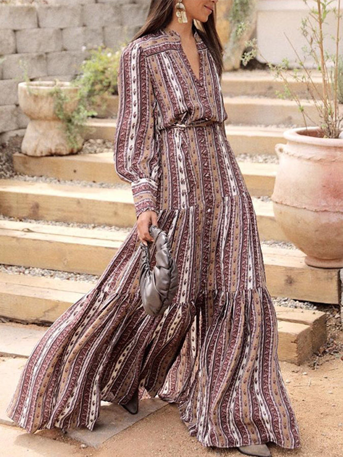 Long Sleeves Geometric Printed Maxi Dress
