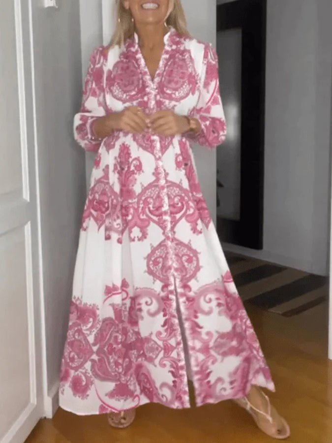 Tribal Printed V Neck Long Sleeves Maxi Dress