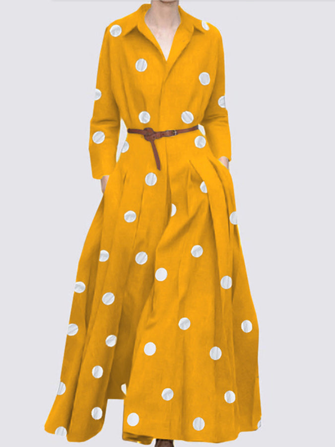 Polka Dots Printed Long Sleeves Shirt Maxi Dress