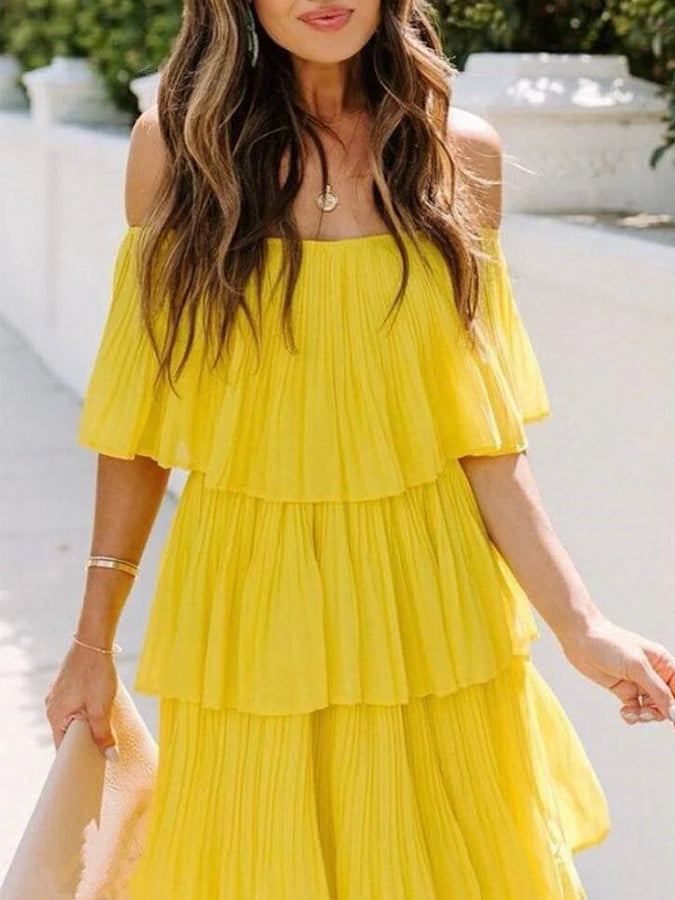 Yellow Off Shoulder Pleated Ruffle Maxi Dress