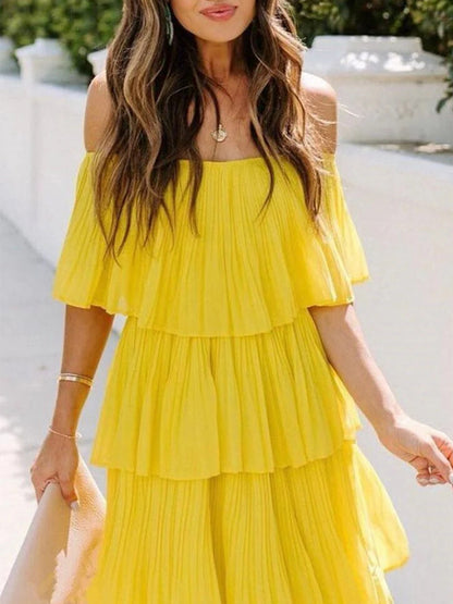 Yellow Off Shoulder Pleated Ruffle Maxi Dress
