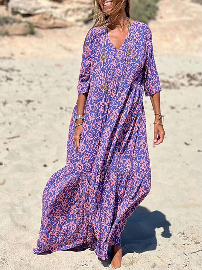 Purple Printed 3/4 Sleeves V Neck Maxi Dress