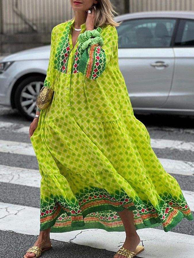 Tribal Long Sleeves Printed Loose Maxi Dress