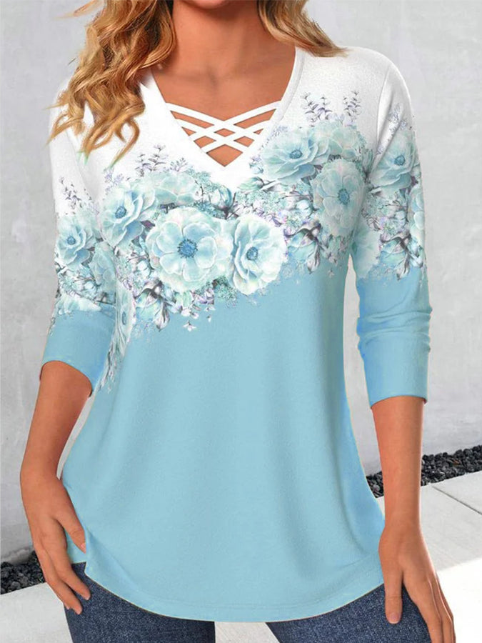 Long Sleeves Printed V Neck T-shirt