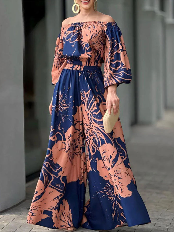 Printed Off Shoulder Shirt and Wide-leg Pants Sets