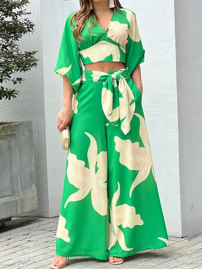 Printed V Neck Shirt and Wide-leg Pants Sets