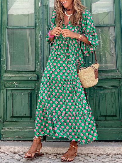 Geometric Print Puff Sleeve Maxi Dress