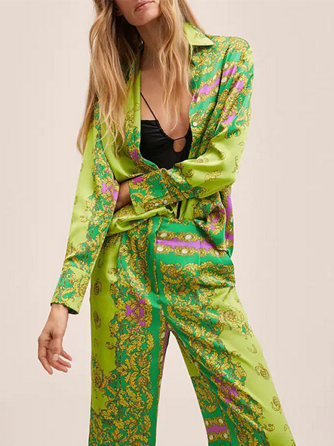 Green Printed Two Piece Shirt and Pants Set