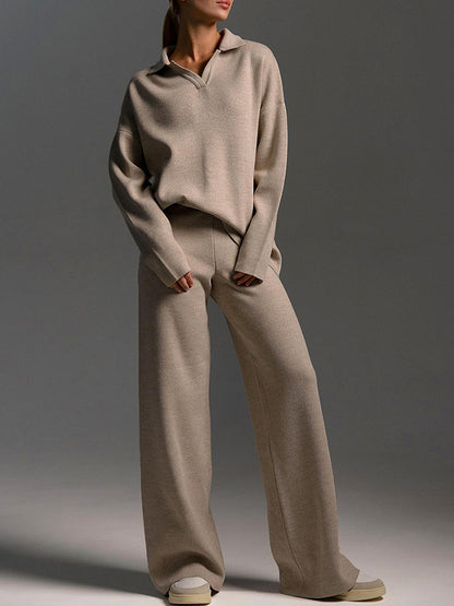 Knitted Polo Shirt and Pants Two Pieces Sets