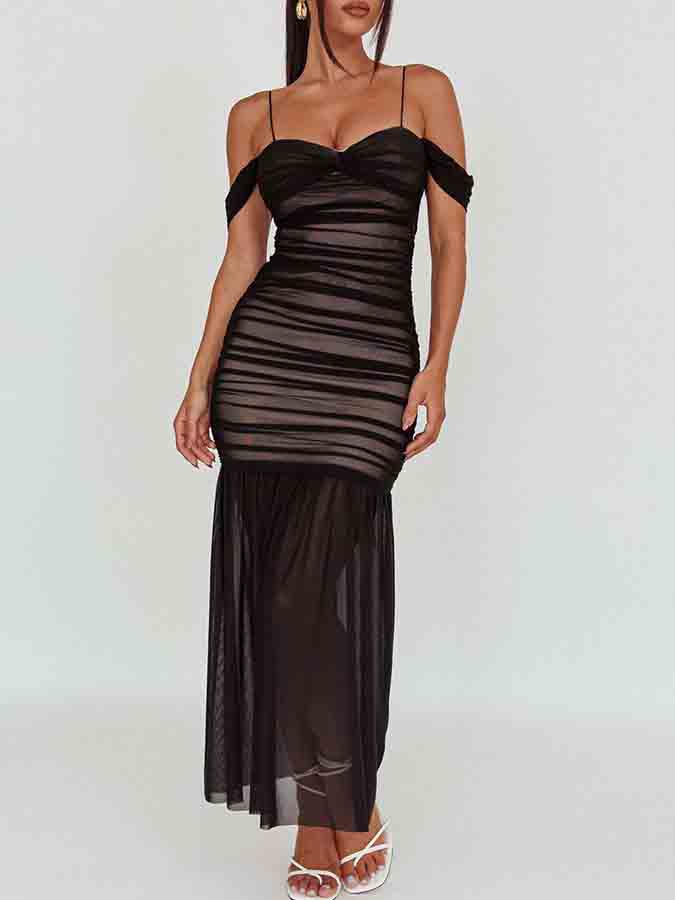 Cold-shoulder Mesh Mermaid Maxi Dress