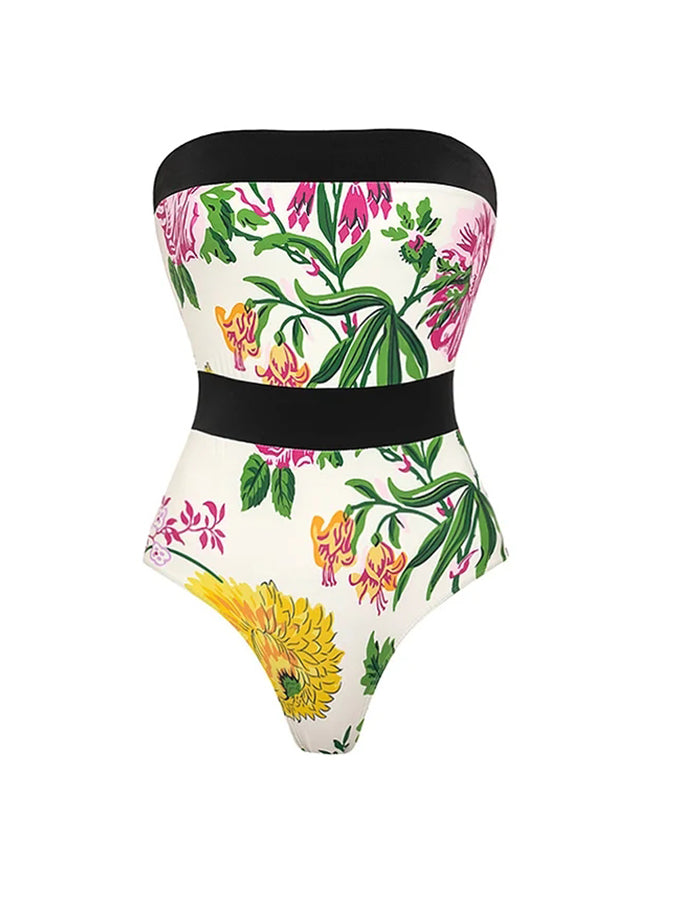 Printed Off Shoulder Color Block One Piece Swimsuit and Skirt