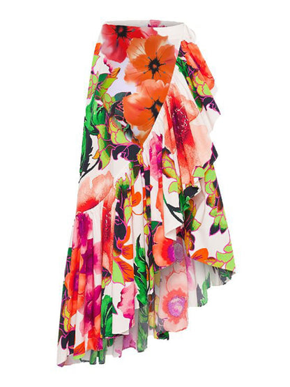 Ruffled Printed One Piece Swimsuit and Skirt