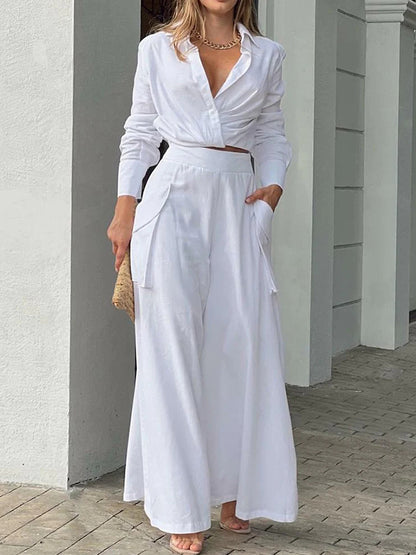 Long Sleeves Shirt and Pockets Wide-leg Pants Sets