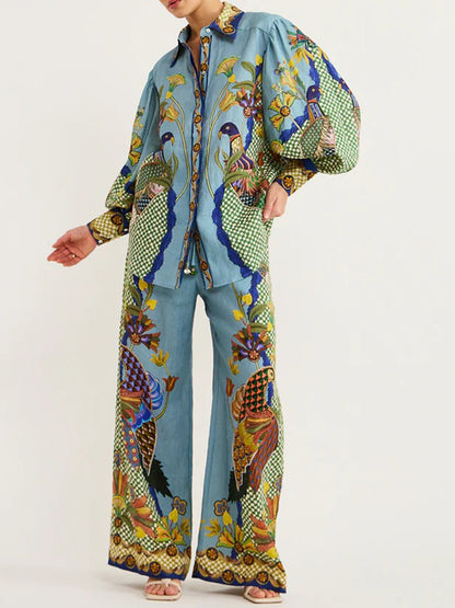 Long Sleeves Printed Blouse and Pants Sets