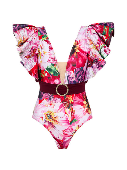 Ruffle V Neck Flower Printed One Piece Swimsuit and Skirt