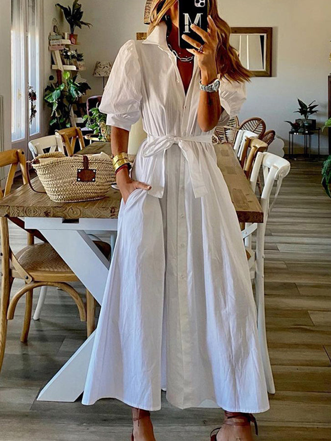 Short Sleeves Shirt Collar Maxi Dress