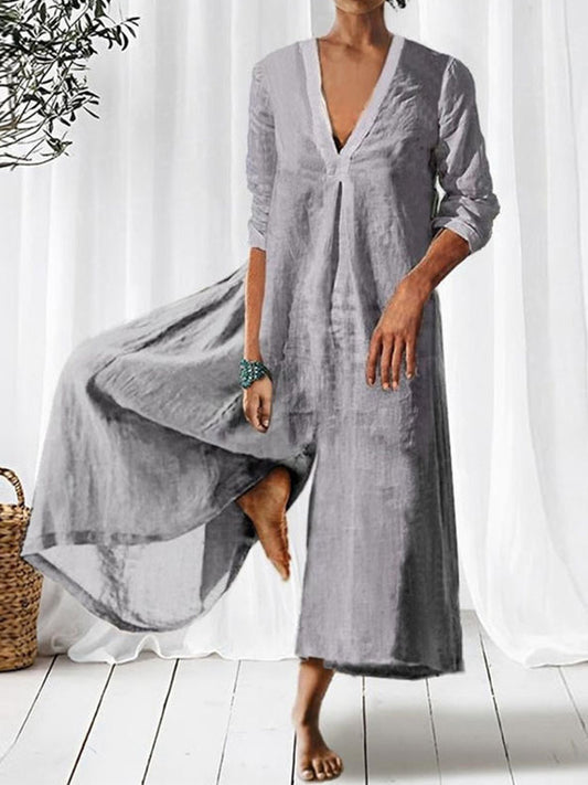 V Neck 3/4 Sleeves Wide-leg Jumpsuit