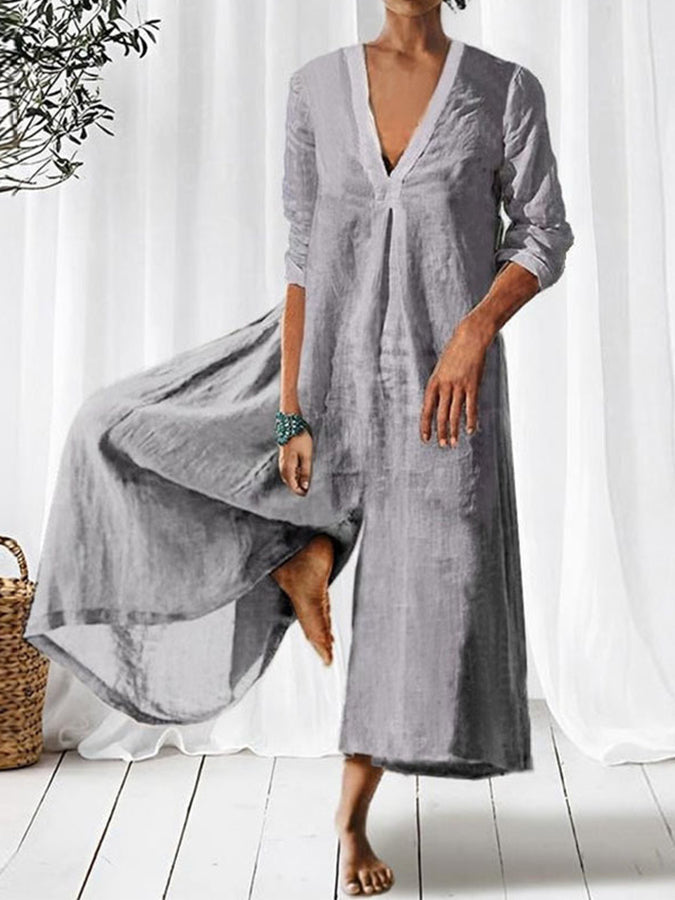 V Neck 3/4 Sleeves Wide-leg Jumpsuit