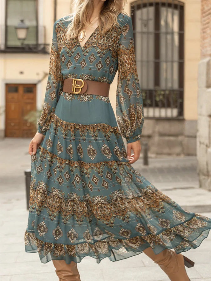 Long Sleeves Printed V Neck Maxi Dress