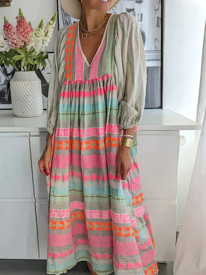 Puff Long Sleeves V Neck Colorful Maxi Dress