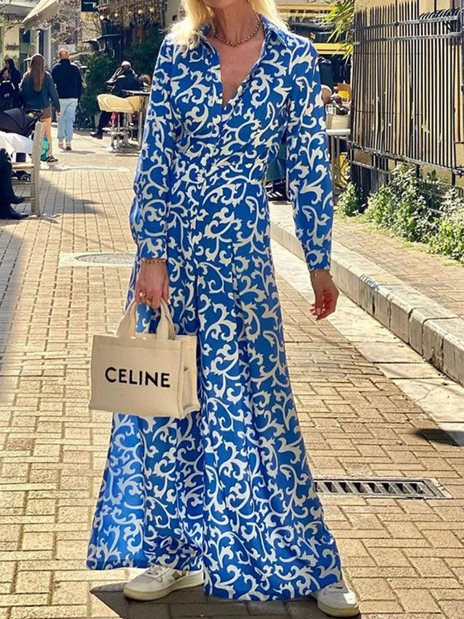 Long Sleeves Printed Pockets Shirt Collar Jumpsuits
