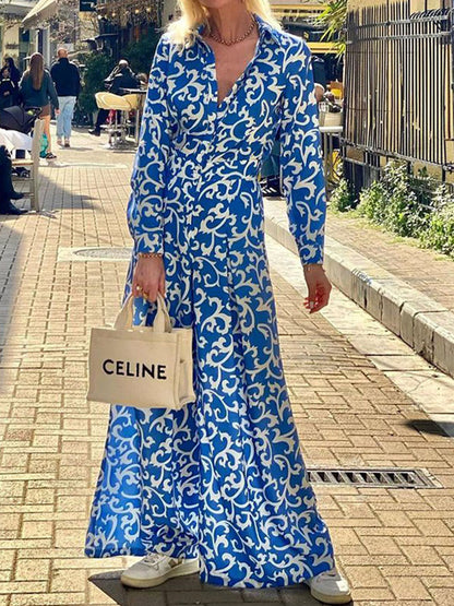 Long Sleeves Printed Pockets Shirt Collar Jumpsuits