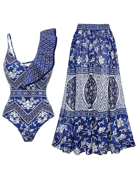 Asymmetrical Ruffle Printed One Piece Swimsuit and Skirt