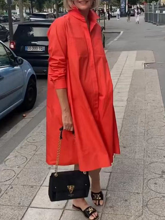 Long Sleeves Shirt Collar Simple Midi Dress