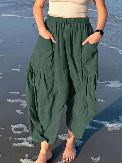 Elastic Waist Pockets Wide-leg Pants