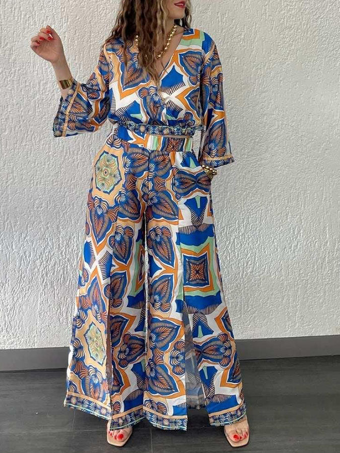V Neck Long Sleeves Printed Shirt and Wide-leg Pants Sets