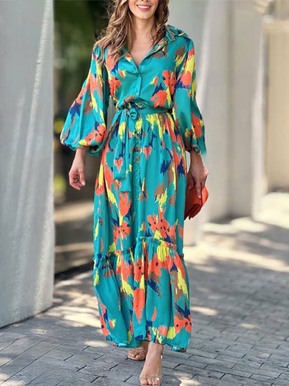 Long Sleeves Printed Shirt Lace-up Maxi Dress