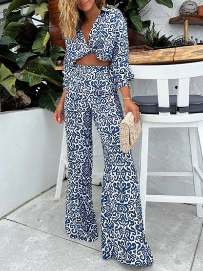 V Neck Print Shirt and Pants Set